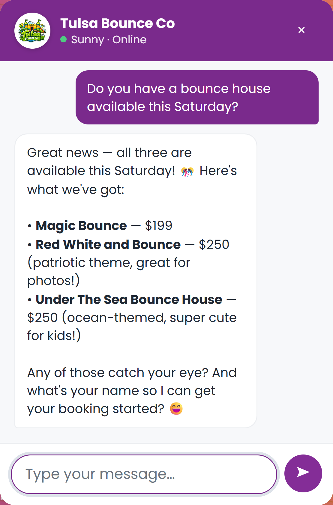 WDZ FrontDesk answering a visitor with live availability and real pricing on a customer's website, then starting a booking