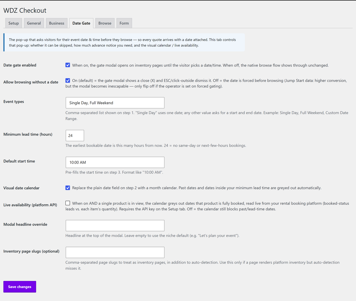 The BookFlow Date Gate settings tab with controls for gating, lead time, calendar and availability.