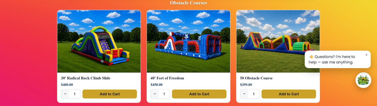 Branded BookFlow inventory cards for obstacle courses with photos, prices and add-to-cart buttons.