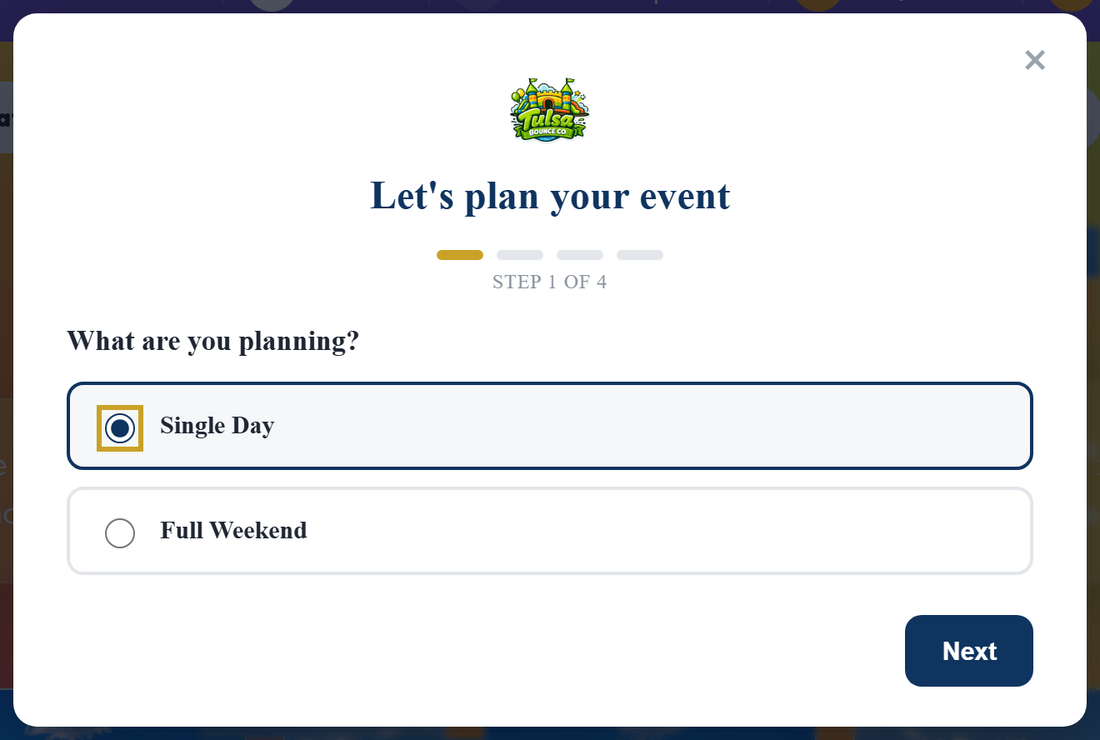 The first step of the BookFlow gate asking what the visitor is planning.