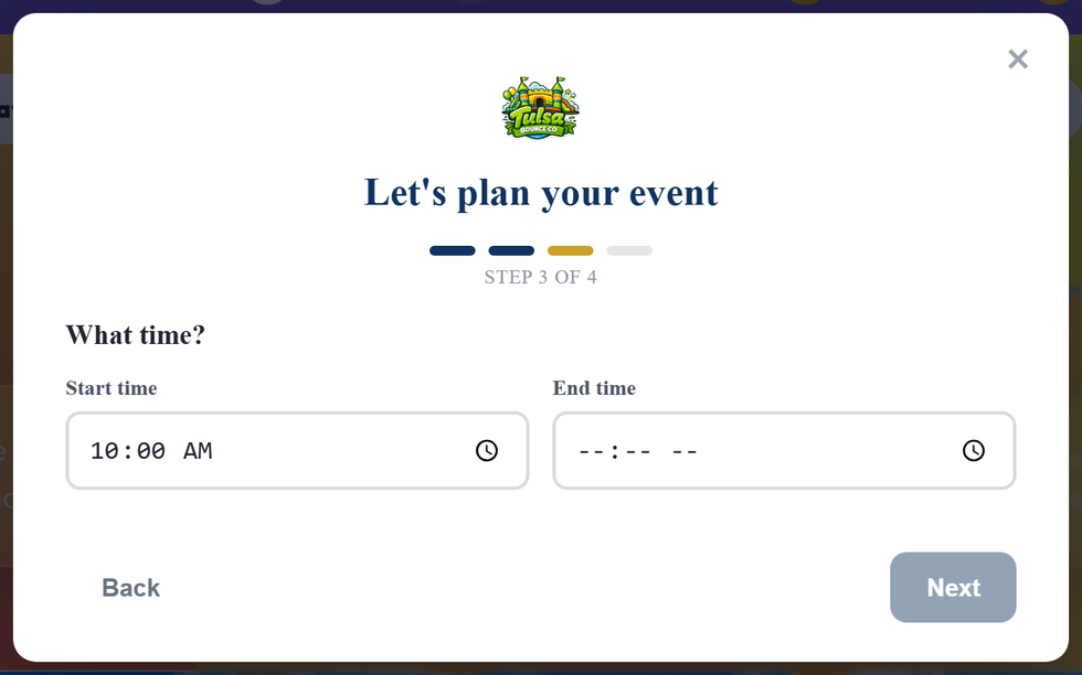 The BookFlow gate time step, asking for a start and end time after a date is chosen.
