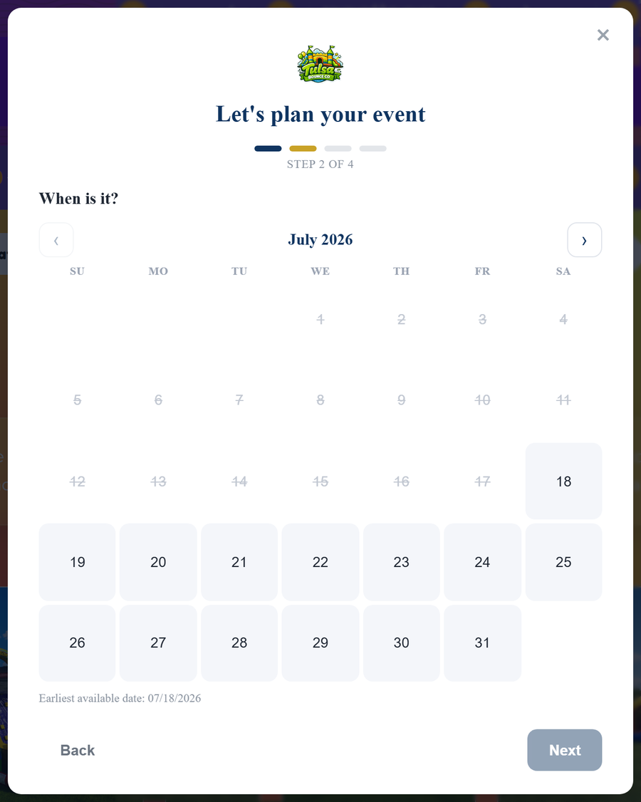 The BookFlow date-and-time gate modal guiding a visitor through planning their event.