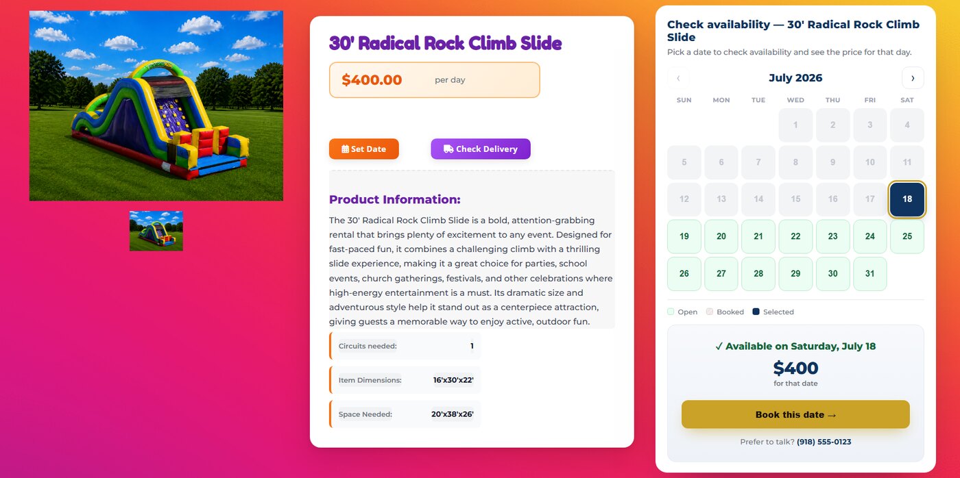 The BookFlow on-page availability calendar shown as a third column beside a rental item, with a date selected and its live price.