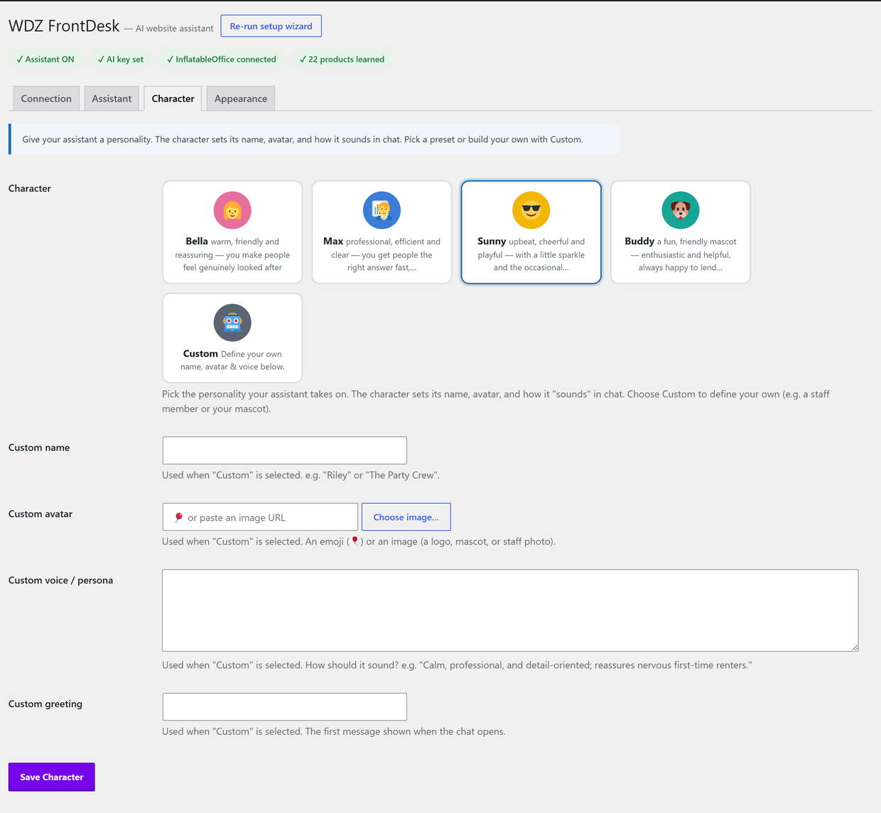 FrontDesk Character settings with selectable personas (Bella, Max, Sunny, Buddy) and custom name/avatar/voice fields.