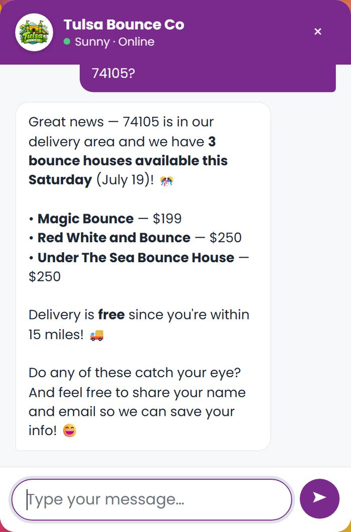 WDZ FrontDesk answering a visitor with live availability and real per-item pricing, then asking for their details.