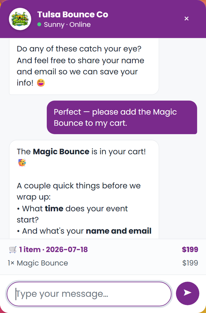 FrontDesk confirming an item added to the cart with a running total, then collecting event details.