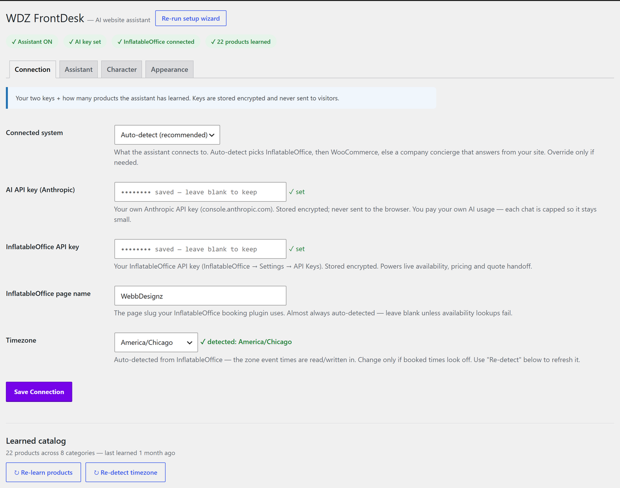 FrontDesk admin showing the assistant on, keys set, InflatableOffice connected and 22 products learned.