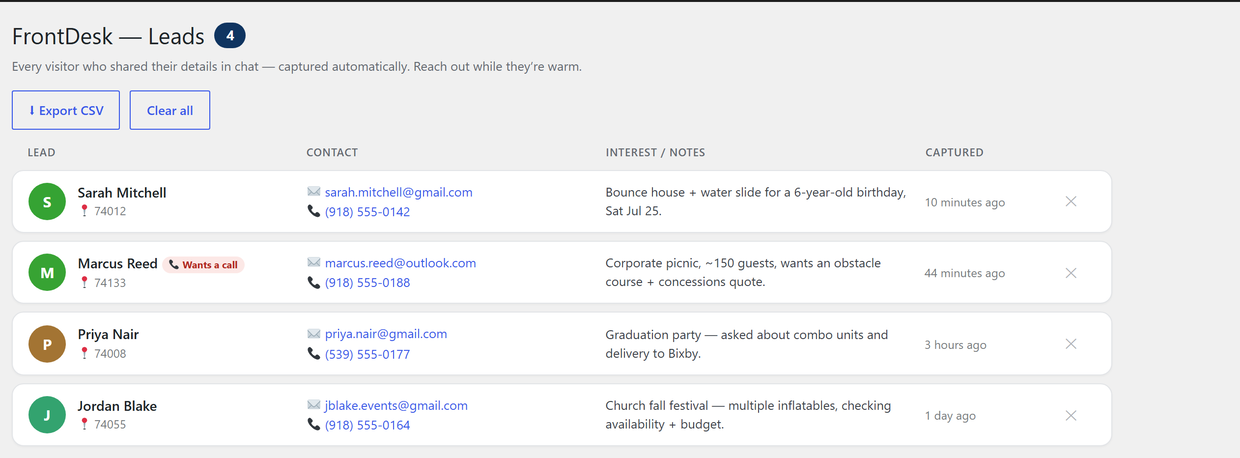 FrontDesk Leads dashboard listing captured leads with names, contact details, notes and capture times.