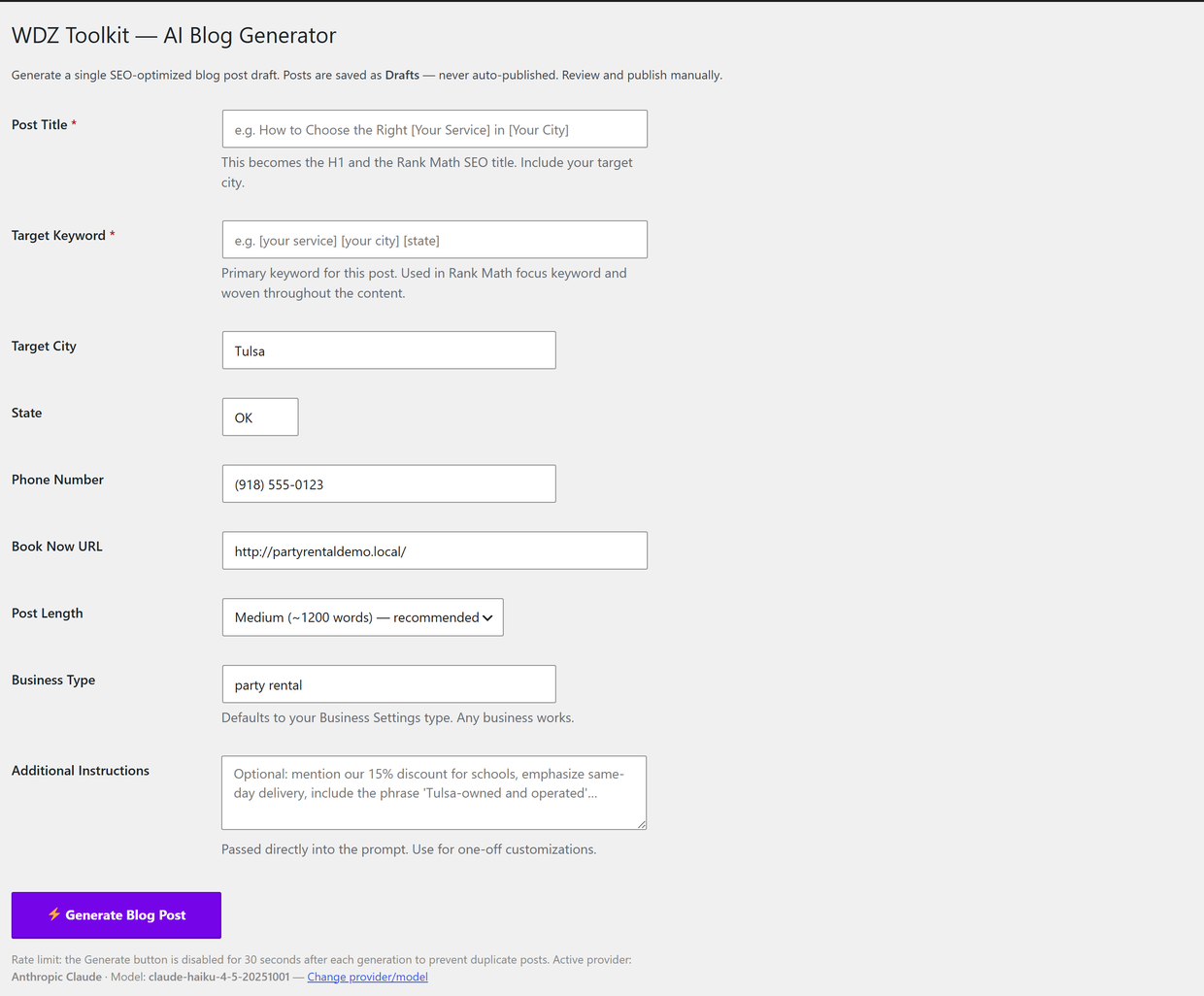 Draft on-topic, schema-ready blog posts