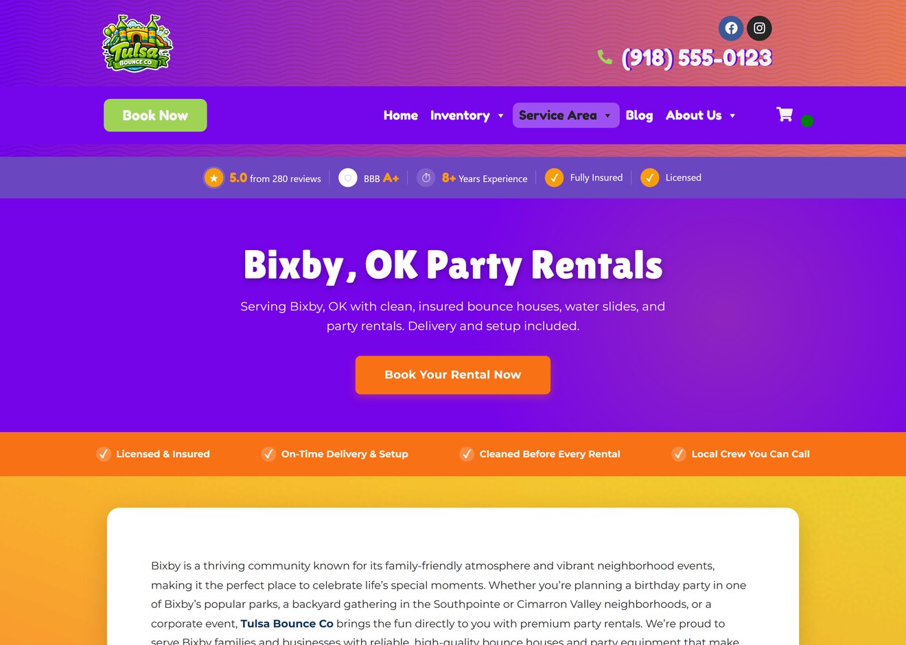 A complete AI-generated city landing page produced by WDZ Toolkit, with hero, trust bar and local copy.