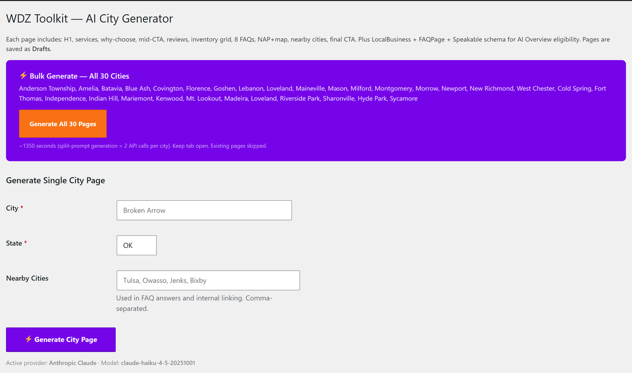 The WDZ Toolkit AI City Generator admin, with a bulk “Generate All 30 Pages” action and single-page form.