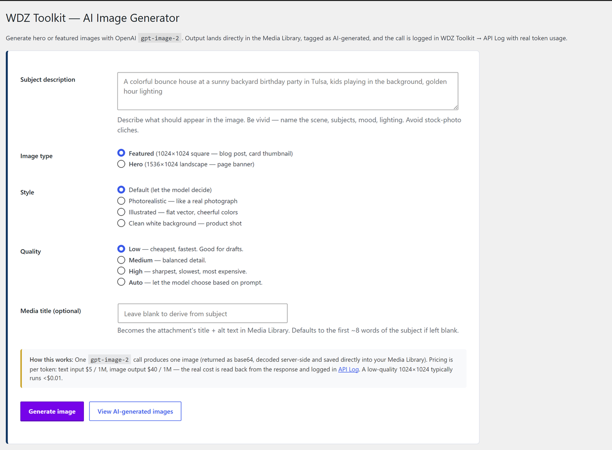 The AI Image Generator with subject, image type, style and quality controls plus a per-token cost note.