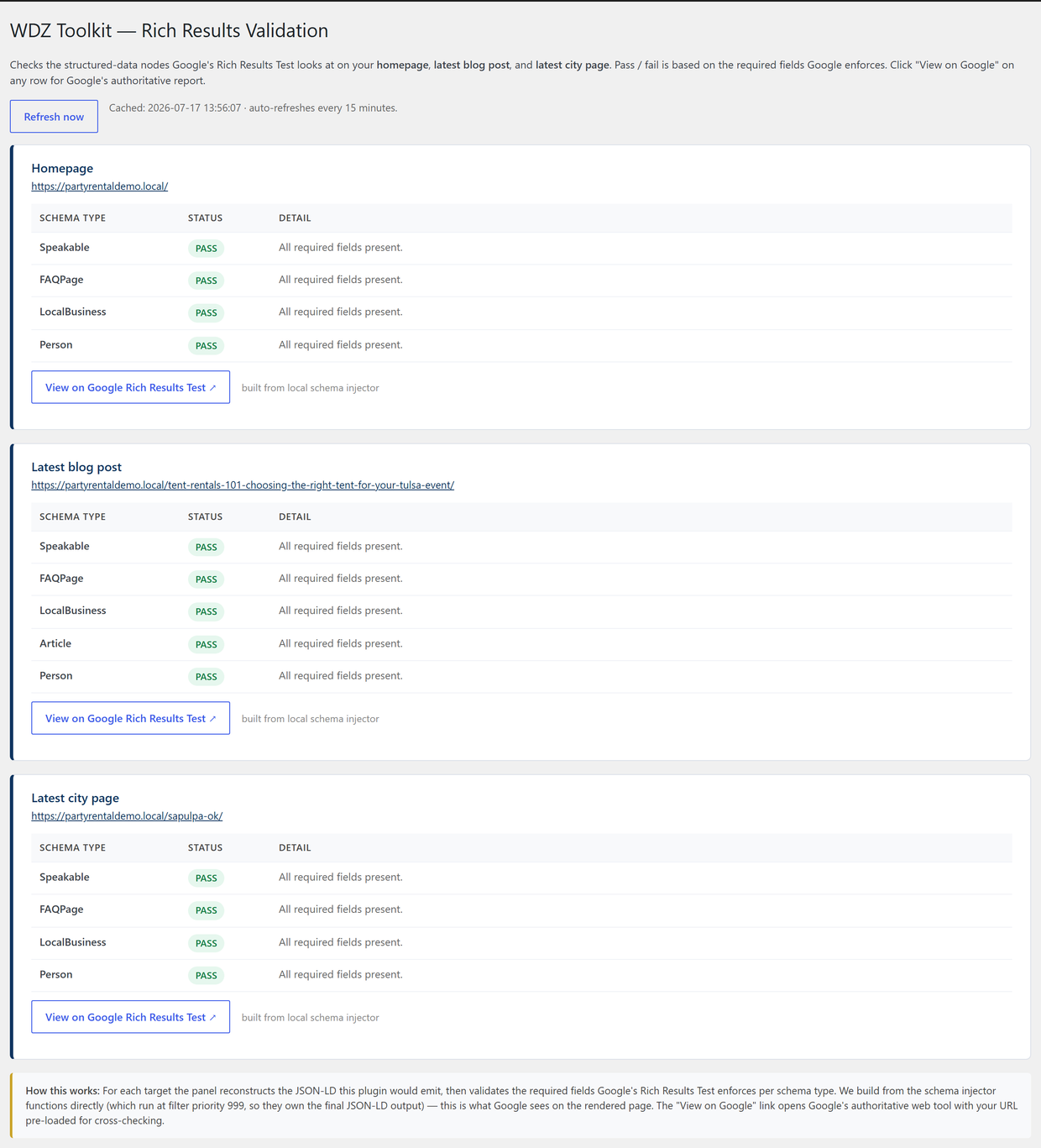 The Toolkit Rich Results validation panel showing every schema type passing on homepage, blog and city pages.