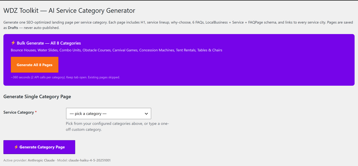The AI Service Category Generator with a bulk “Generate All 8 Pages” action across service categories.